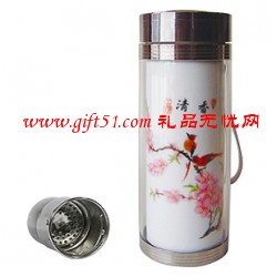 粉彩桃園小號雙層陶瓷保溫杯