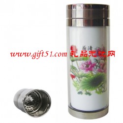 景德鎮粉彩清荷圖雙層陶瓷保溫杯