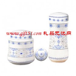 青花高檔商務茶葉罐套裝(保溫杯+茶葉罐)